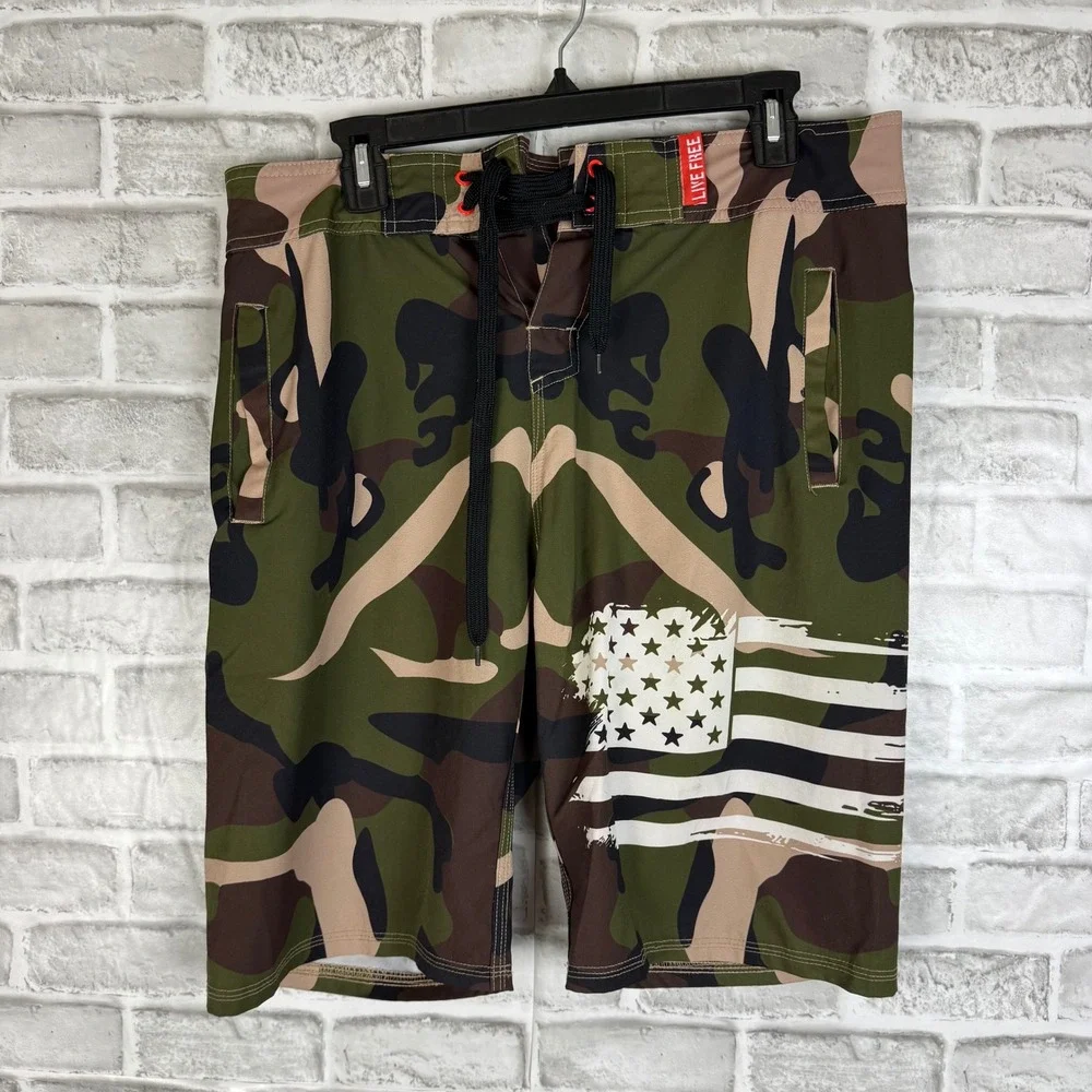 Freedom Industries Men Camo American Flag Board Shorts Swim Trunks Green Size 32